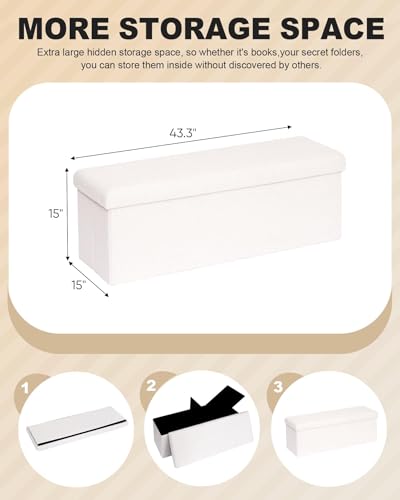 B FSOBEIIALEO Small Storage Ottoman Cube Sherpa Ottomans Foot Rest, Foldable Boucle Ottoman Bench, Faux Teddy Fur, Cream White 43.3"x15"x15" - color: White, size: 43.3"x15"x15"