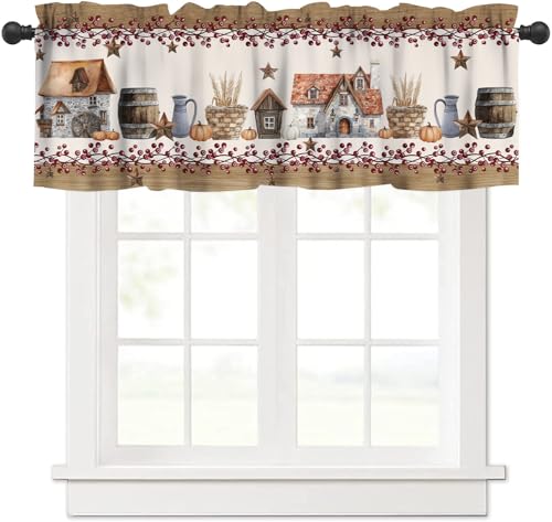 Western Texas Valance, Rustic Farmhouse Country Barn Berry Window Valance Vintage Rural Houses Pumpkin Blackout Short Window Curtain for Kitchen Cafe Living Room, 54x18in - color: Farmhouse-12