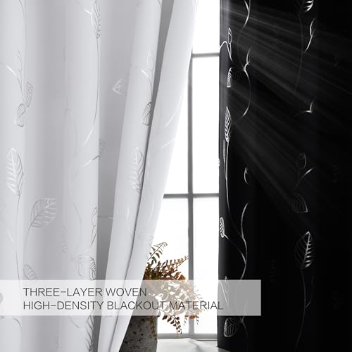 BUHUA Heat Blocking Curtains, Black Out Curtains 72 Inch Long 2 Panels Burg, Soundproof Curtains with Silver Leaf Printed (52 x 72 Inch,Greyish White,Set of 2 Panels) - color: Silver Leaf /Greyish White, size: 52"W x 72"L (Pack of 2)