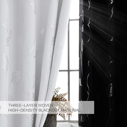 BUHUA Heat Blocking Curtains, Black Out Curtains 72 Inch Long 2 Panels Burg, Soundproof Curtains with Silver Leaf Printed (52 x 72 Inch,Greyish White,Set of 2 Panels) - color: Silver Leaf /Greyish White, size: 52"W x 72"L (Pack of 2)