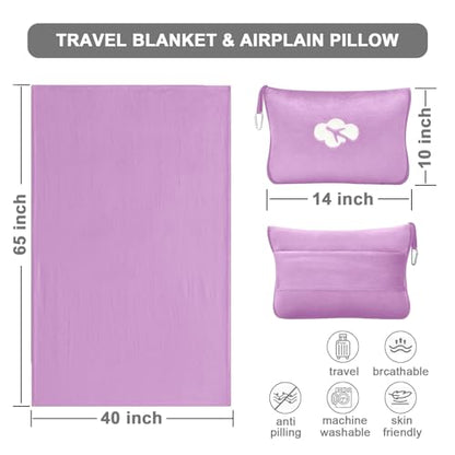 Travel Blanket and Pillow Compact, Premium Soft 2 in 1 Airplane Blanket with Soft Bag Pillowcase，Hand Luggage Sleeve and Backpack Clip (Solid Purple) - color: Solid Purple