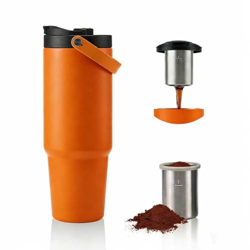 Portable Electric Espresso Maker, 30oz Insulated Stainless Steel Extraction Coffee Cup,Fast Brew with Pressure, Rechargeable, Leak Proof, BPA Free, Ideal for Travel,Commute and Office - color: Tangerine, size: 30 Ounces