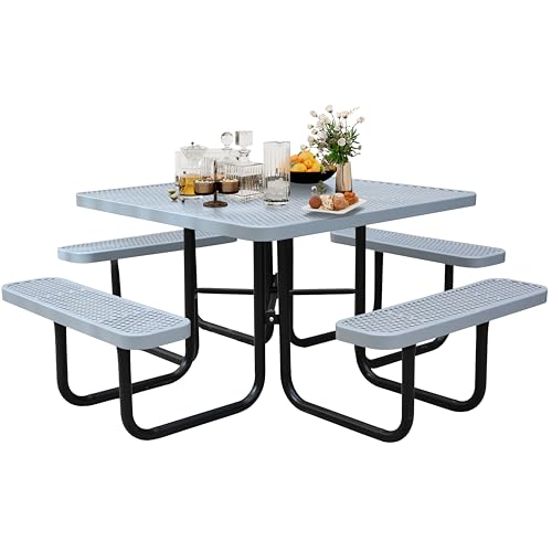 46'' Square Metal Picnic Table for Outdoors, Commercial Steel Metal Picnic Tables, Heavy Duty Sturdy Picnic Tables Furniture Set for Patio Garden Courtyard BBQ, with Umbrella Hole, Grey - color: Grey, size: 46in Square