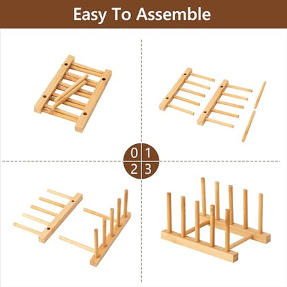 HBlife Bamboo Dish Plate Bowl Cup Book Pot Lid Cutting Board Drying Rack Stand Drainer Storage Holder Organizer Kitchen Cabinet（Keep Dry） - color: Bamboo 4 Slots 1pcs