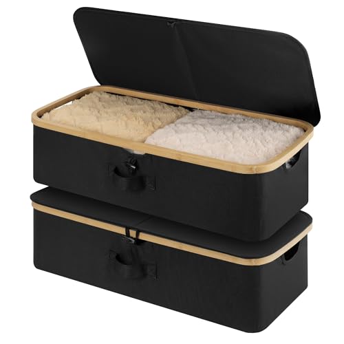 StorageWorks Underbed Storage Containers with Lids, 2-Pack 7" Low Profile Under Bed Storage Box with Bamboo Frame for Clothes, Bedding, Blankets and Shoes, 42L Sturdy Fabric Organizer, Black - color: Black