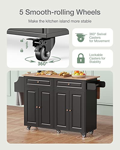 Qsun Kitchen Island with Storage, Kitchen Cart on 5 Universal Wheels, Mobile Kitchen Island with Rubber Wood Top and Side Rack (Black) - color: Black