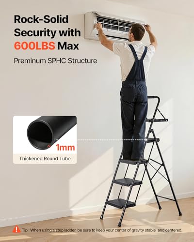 VEVOR 4 Step Ladder, Folding Step Stool with Wide Anti-Slip Pedal, Tool Tray, Comfort Handgrip, 600 lbs Capacity Portable Steel Ladder, Multi-Use for Kitchen, Home, Household and Office, Black - size: 18.3 x 35.8 x 57 in(Expanded)