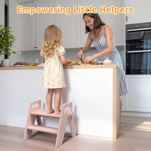 Wooden 2 Step Stool for Toddler Kids Bathroom Foldable 2-Step for Toilet Potty Training, Child Stepping Stool for Kitchen Nursery Bedroom Pink - color: Pink