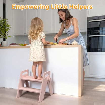Wooden 2 Step Stool for Toddler Kids Bathroom Foldable 2-Step for Toilet Potty Training, Child Stepping Stool for Kitchen Nursery Bedroom Pink - color: Pink