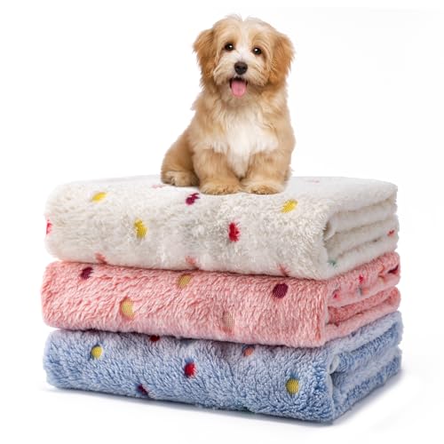 1 Pack 3 Blankets Fluffy Premium Fleece Soft Pet Blanket Flannel Throw for Cat Dog Puppy (Large 41x31'', Dot-White/Pink/Blue) - color: Beige,pink,blue, size: 41x31 inch(Pack of 3)