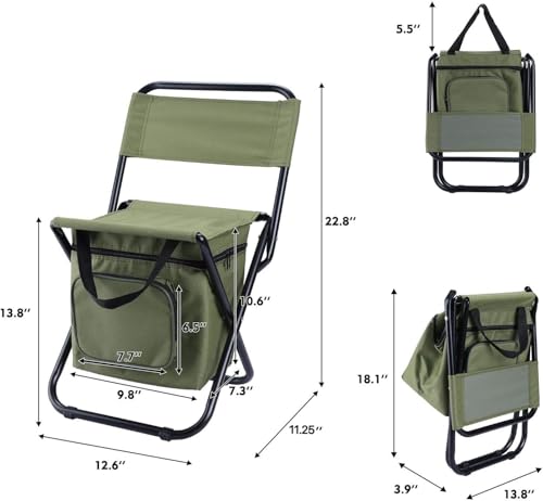 LEADALLWAY Fishing Chair with Cooler Bag Compact Fishing Stool Foldable Small Hunting Chair 12.2" Seat Depth,12.6" Seat Width - color: Green