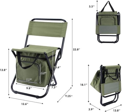 LEADALLWAY Fishing Chair with Cooler Bag Compact Fishing Stool Foldable Small Hunting Chair 12.2" Seat Depth,12.6" Seat Width - color: Green