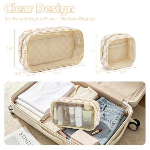 Fammart Clear Travel Makeup Bag for Women, TSA Approved Checkered Cosmetic Bag Make Up Car Organizer Case with Zipper, Large Waterproof Pouch Purse Toiletry Bag for Skincare, Brushes Travel Essentials - color: Clear, 2PCS - Khaki Checkered
