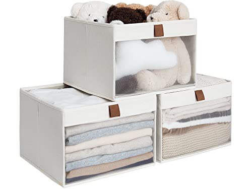 StorageWorks Closet Storage Bins, Large Storage Baskets with Clear Window and Handles, Foldable Fabric Organizer for Clothes, Shelves, Beige, 3 Pack - color: Beige, size: 12 ¾" L x 12 ¾" W x 9" H