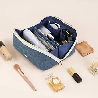 Prite Makeup Bag for Women Travel Waterproof Vegan Leather Cosmetic Bag Open Flat Toiletry Bag With Clear Divider and Handle (Blue Flower, Large) - color: Blue Flower, size: Large