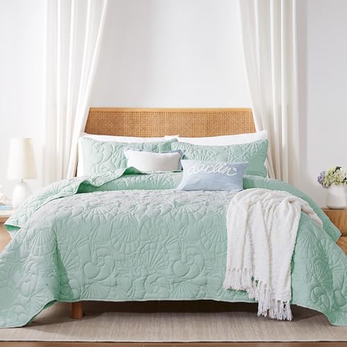 WDCOZY Coastal Beach Twin Size Quilt Bedding Sets, Seafoam Green Nautical Tropical Ocean Bedspread, Scallop Seashell Soft Coverlet, Lightweight Summer Thin Comforter for All Season - color: Seafoam, size: Twin(68"x90")