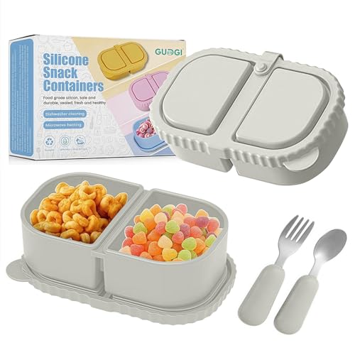 Silicone Snack Containers for Kids (8.5Oz, 2-Compartment)+ Kids Silicone Cutlery Set (Spoon and Fork) - BPA Free, Leak Proof, Great for Toddler/Kid/Adult Meal Prep Containers (White) - color: White