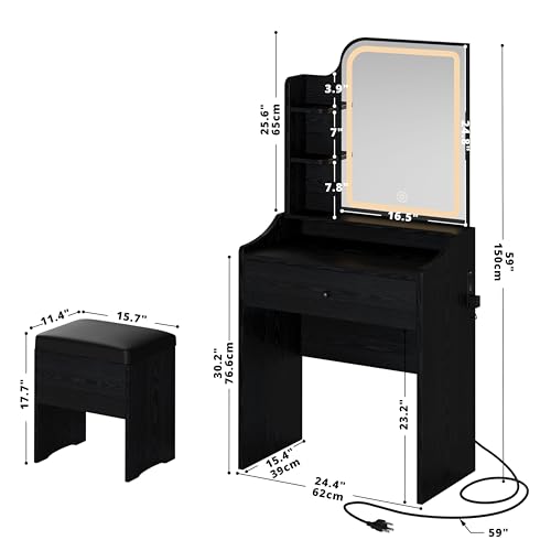 LIKIMIO Small Makeup Vanity Desk with Mirror and Lights, Vanity Table Set with Storage Drawer, Chair and Three Shelves, Bedroom, Black - color: Black