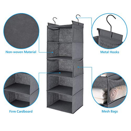 MAX Houser 5 Shelf Hanging Closet Organizer, Space Saver, Cloth Hanging Shelves with 4 Side Pockets, Foldable, Grey - color: Grey-6