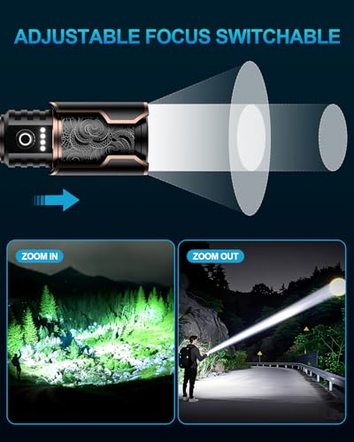Flashlight 3000 High Lumens with Ignition Lens, Rechargeable Super Bright Zoomable LED Flash Light, 6 Mode Waterproof Handheld Powerful Tactical Flashlights for Camping Essentials Emergency - color: Black and Gold