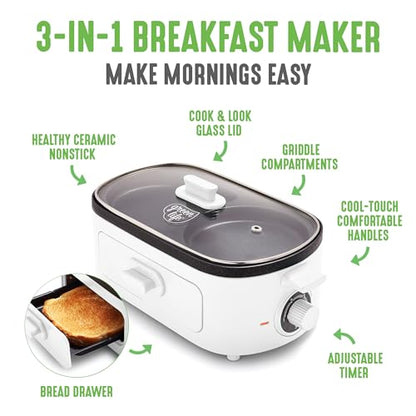 GreenLife 3-in-1 Breakfast Maker Station, Healthy Ceramic Nonstick Dual Griddles for Eggs Meat Sausage Bacon Pancakes and Breakfast Sandwiches, 2 Slice Toast Drawer, Easy-to-use Timer, White - color: White
