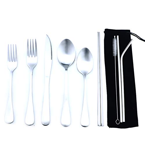 Silver Reusable Utensils with Case Camping Travel Silverware Set,Portable Stainless Steel Cutlery Set - Matte Flatware Set Knife Fork Spoon Mirror Straws Chopsticks - for Office Lunch, Hiking, School - color: Silver