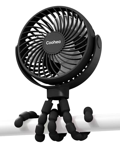 Coohea Stroller Fan Clip on for Baby, 4000mAh Rechargeable Battery Operated, Flexible Tripod, 3 Wind Speed, 360° Rotatable, Small Cooling Portable Fan for Car Seat Crib Golf Cart Bike Treadmill, Black - color: Black