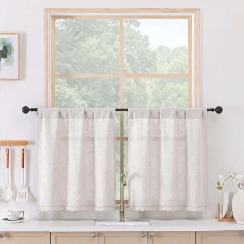 Chyhomenyc Boho Lace Kitchen Curtains 24 Inch Length - Light Filtering Faux Linen Vintage Half Window Cafe Curtains, Short Curtain Tiers for Bathroom RV Camper, 26Wx24L, 2 Pieces, Natural - color: Natural, size: 26"W x 24"L (Pack of 2)