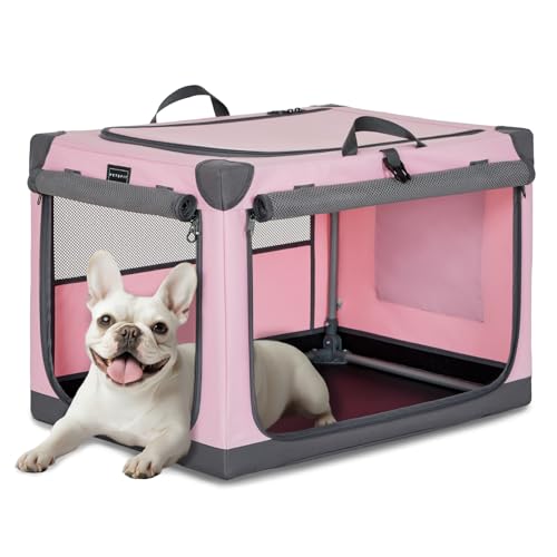 PETSFIT 26" Soft Portable Dog Crate – Patented Spiral Sturdy Frame, Collapsible Travel Kennel for Small Dogs, 3 Mesh Door, Lockable Zippers, Indoor & Car Use Pink - color: Pink, size: 26.0"L x 19.0"W x 18.0"H
