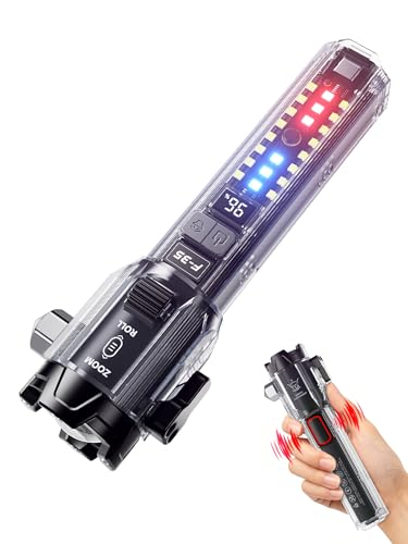 Yemao Car Emergency Flashlight with Seatbelt Cutter & Window Breaker, Tactical EDC Light with Alarm, Focusable Main Beam, Side Work Light, Red Blue Strobe Warning Light for Vehicle Self-Rescue