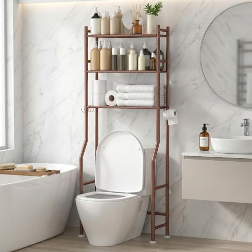 GloTika 3-Tier Over Toilet Storage with Anti-Tilt Safety System - 150lb Total Capacity Metal Bathroom Shelves Including Paper Holder & 4 Hooks, Space Saving Above Commode Organizer (64" H, Bronze) - color: Bronze, size: 3-Tier