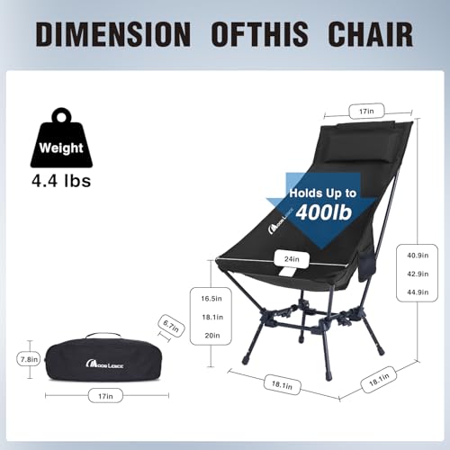 MOON LENCE Folding Portable High Back Camping Chairs for Adults, Adjustable Oversize Lightweight for Beach Hunting Hiking Backpacking (Black)