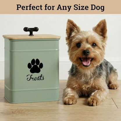 Dog Treat Container Airtight - 6 Inch Wide x 8 Inch Tall Iron Dog Treat Jar for Kitchen Counter with Airtight Bamboo Lid - 12 Cup Capacity Pet Treat Container - Doggie Cookie Jar - Big Treats Canister - color: Sage Green