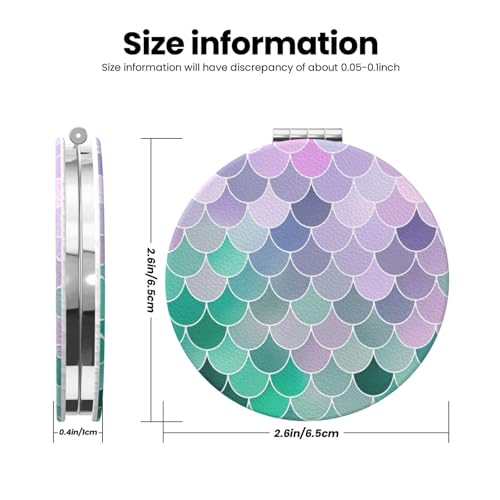 Teal Pink Mermaid Fish Scales Print Foldable Travel Pocket Mirror Round PU Leather Portable Mini Makeup Double Sided Handheld Magnifying,2.6 in - color: Teal Pink Mermaid Fish Scales