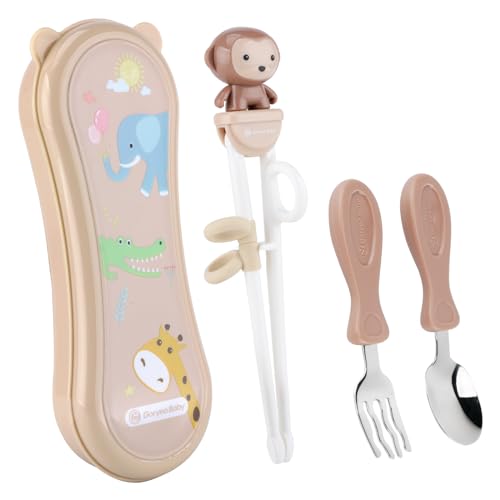 Toddler Utensils Stainless Steel Kids Silverware Set with Kids Training Chopsticks and Baby Spoon and Fork for Self Feeding Learning with Case - color: Brown Brown Brown