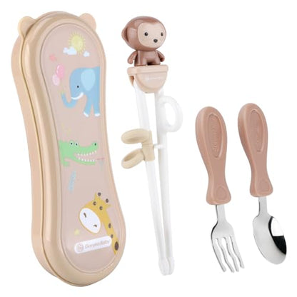 Toddler Utensils Stainless Steel Kids Silverware Set with Kids Training Chopsticks and Baby Spoon and Fork for Self Feeding Learning with Case - color: Brown Brown Brown