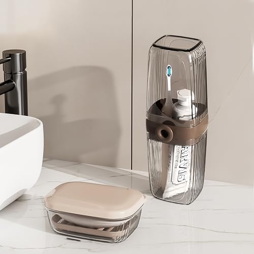 Toothbrush Travel Case & Travel Soap Holder Dish Tray Set of 2, Portable Clear Toothbrush Holders with Cover Leakproof Bar Soap Holder for Traveling School Camping Business Bathroom - color: 2 Pc-b-dark Coffee