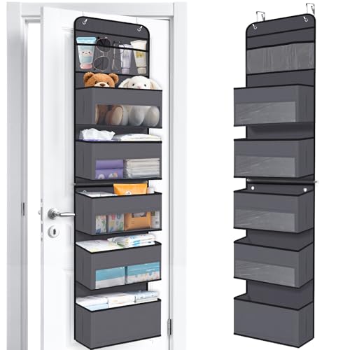 WISELIFE 6-Tier Over The Door Organizer Storage Detachable Design Door Hanging Storage Organizer with Clear Window Behind The Door Storage for Nursery Bedroom Bathroom Pantry Closet Dark Grey - color: Dark Grey, size: 6-Tier