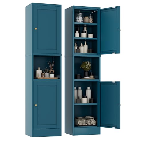 YAUWOH 2-Door Metal Storage Cabinet, Tall Slim Pantry Organizer with 3 Adjustable Shelves (120LBS/Shelf), Anti-Tipping Waterproof Cabinet for Bathroom/Kitchen/Home Office/Small Spaces,(1PC,Blue) - color: Blue, size: 67"H-2 Doors
