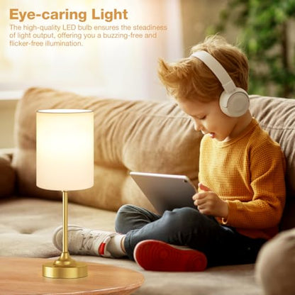 Fenmzee Gold Nightstand Bedroom Lamp - 3 Way Dimmable Bedside Lamp, Small Table Lamp Linen Lampshade for Office Desk, LED Bulb Included - color: White Shade-Gold Base, size: 14" Touch Control