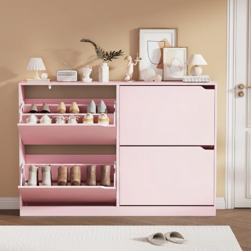 Shoe Storage Cabinet, Wood Shoe Organizer for Entryway with 3 Flip Drawers, Freestanding Shoe Rack with Adjustable Shelf, Narrow Shoe Dresser for Front Door Entrance (Pink, Standard 4 Drawers) - color: Pink, size: Regular 4 Drawers