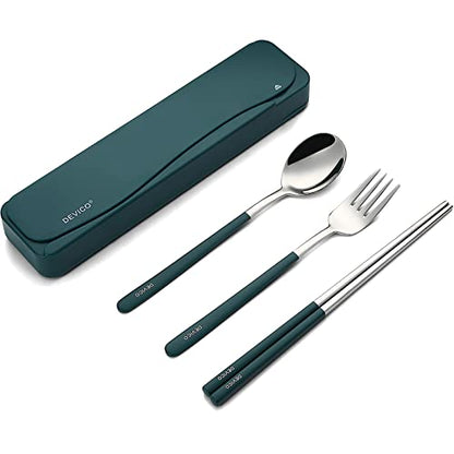 DEVICO Travel Utensils, 18/8 Stainless Steel Portable Reusable Camping Silverware Cutlery Flatware Set, 4-Piece Include Fork Spoon Chopsticks with Case (Dark Green) - color: Dark-green