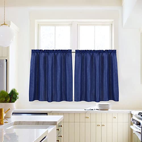 Valea Home Waffle Weave Textured Bathroom Window Curtains Water Repellent Short Curtains Window Covering Half Window Curtains Kitchen Tiers 24 inch Length, Navy Blue, Set of 2 - color: Navy Blue, size: 36"W x 24"L (Pack of 2)