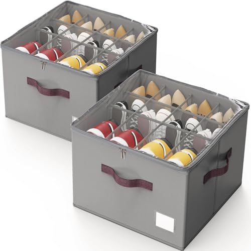 Criusia Shoe Organizer for Closet, 2 Pack Shoe Organizer with Transparent Cover and Sturdy Handles, Closet Shoe Storage for Sneakers Sandals Slippers, Fit 12-16 Pairs, Gray - color: Gray, size: 2 Pack