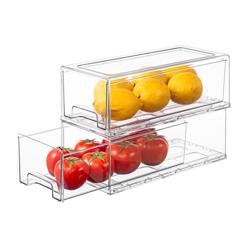 Clear Stackable Refrigerator Organizers and Storage Drawers - Pull-Out Fridge Bins with handles for Kitchen，Pantry，Cabinet，Bathroom, Undersink，Closet (2 Pack) - size: 2 Pack | Medium
