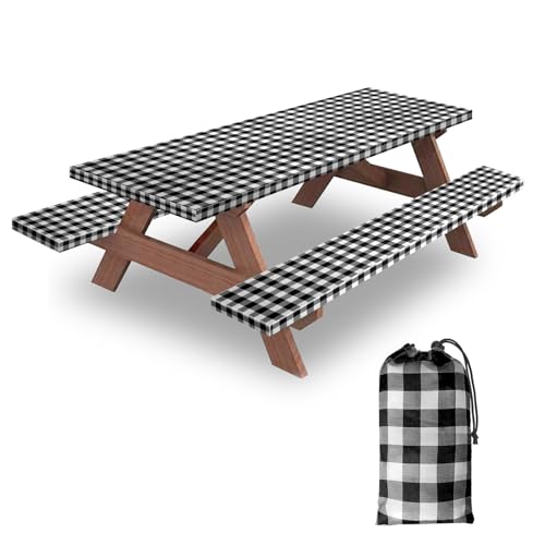 6ft Picnic Table and Bench Cover, Camping Essentials RV Gear, 72in Waterproof Windproof Outdoor Elastic All Around Tablecloth, Fitted Rectangle Tables and Seats, Black-White Checkered - color: Black-white Checkered, size: 72"