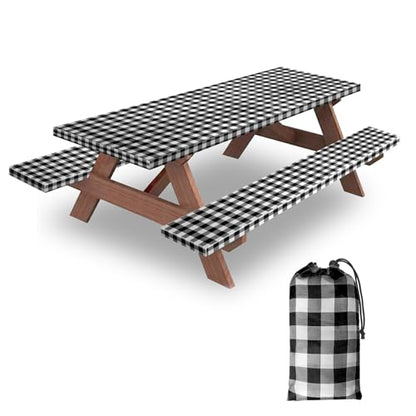6ft Picnic Table and Bench Cover, Camping Essentials RV Gear, 72in Waterproof Windproof Outdoor Elastic All Around Tablecloth, Fitted Rectangle Tables and Seats, Black-White Checkered - color: Black-white Checkered, size: 72"