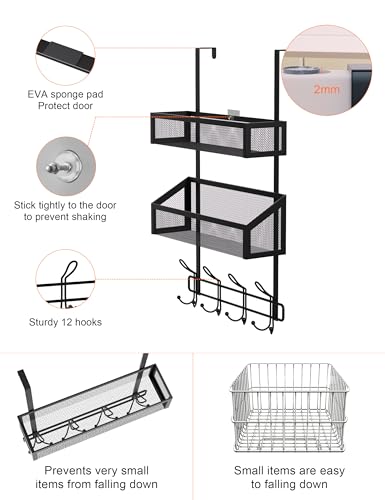 Over The Door Hooks Organizer Storage - Over The Door Hanger for Coat Rack, Storage with 12 Hook & 2 Mesh Baskets, for Bathroom,Bedroom,Kitchen,Office (2Tier Basket with 12 Hooks)