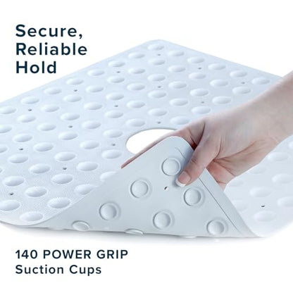 SlipX Solutions Square Natural Rubber Shower Stall Mat, 21” x 21”, Mildew Resistant, Non Slip Safety, Antimicrobial Product Protection, 140 Power Grip Suction Cups, Center Drain Hole, White - color: White