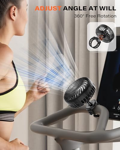 A2C Rechargeable Gym Fan for Peloton Bike & Exercise Bike - 4000mAh Portable Fan with Adjustable Strap, 3 Speed, 360° Rotation, Fit 0.5-2.1" Handlebars Clip on Fan for Treadmill, Stroller, Golf Cart - color: Black - 1